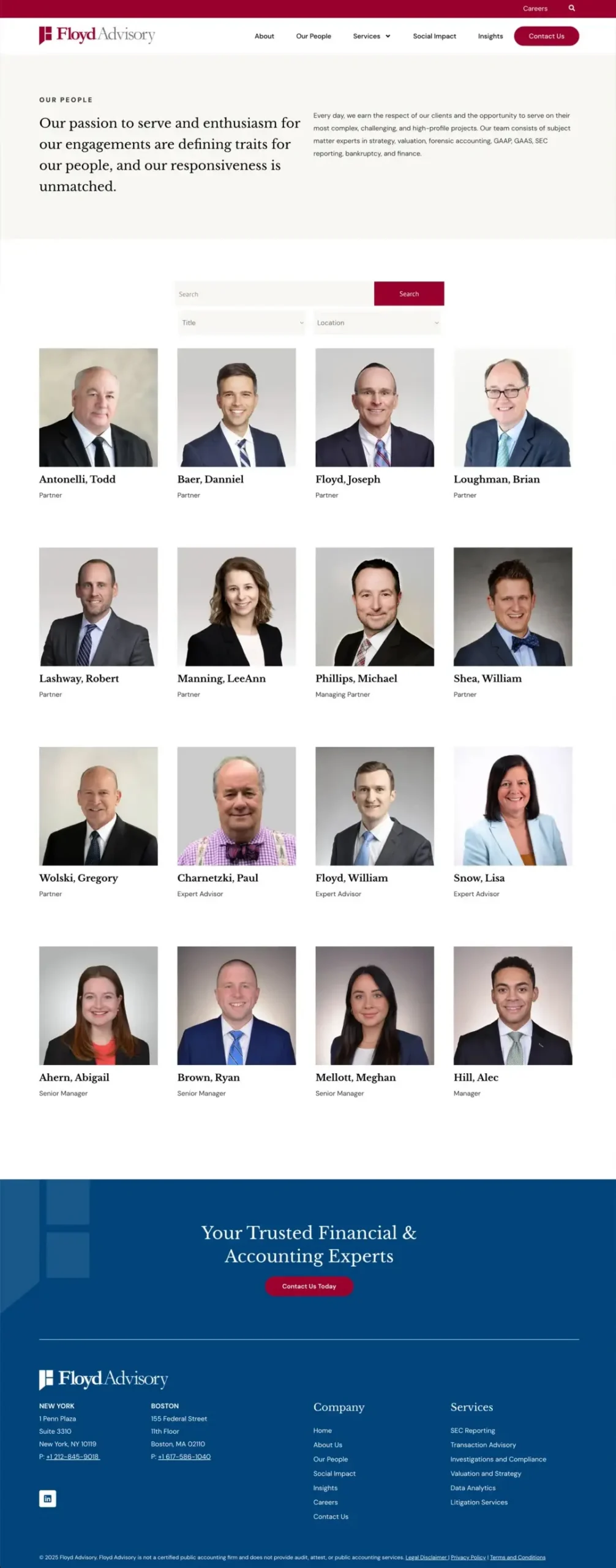 Filterable team directory page on a financial consulting firm website