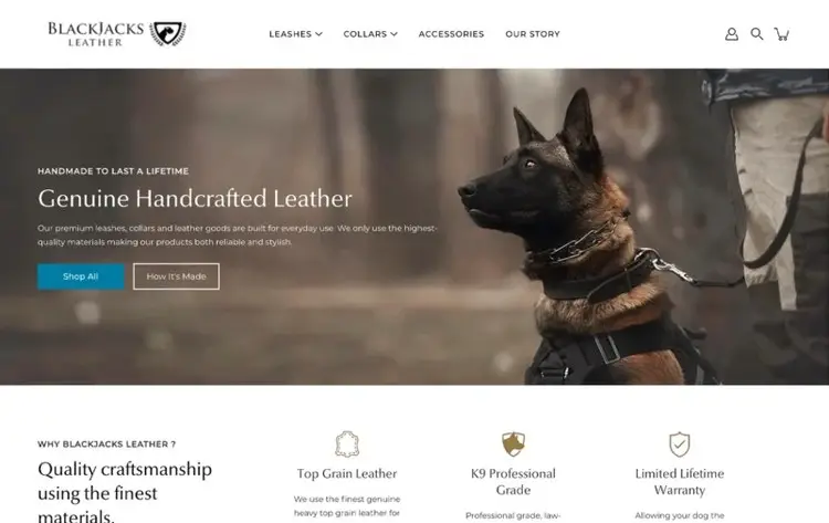 Handcrafted leather brand Shopify store homepage