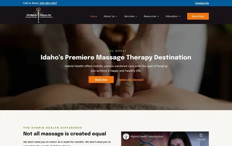 Massage therapy practice website homepage design