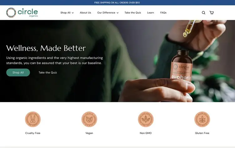 Organic wellness brand Shopify store homepage