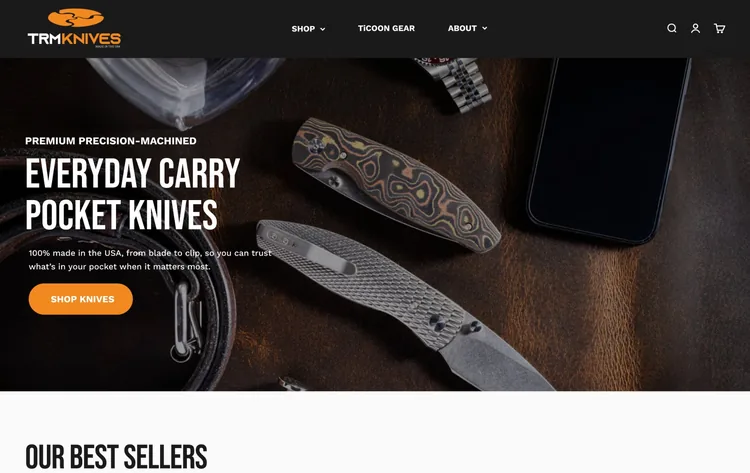Pocket knife brand Shopify store homepage
