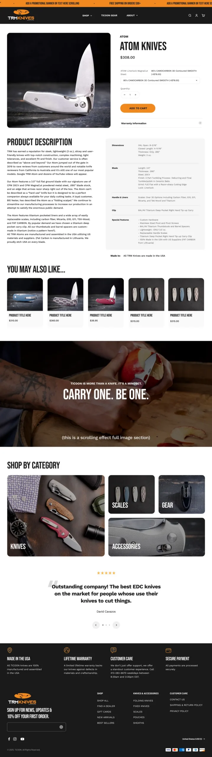 Product page on a pocket knife Shopify store